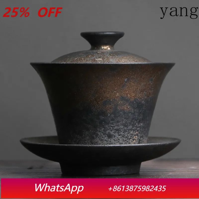 Vintage Stoneware Covered Bowl Handmade Pottery Kung Fu Tea Ceremony Wide Mouth Hand Grab Tea Bowl Tea Set