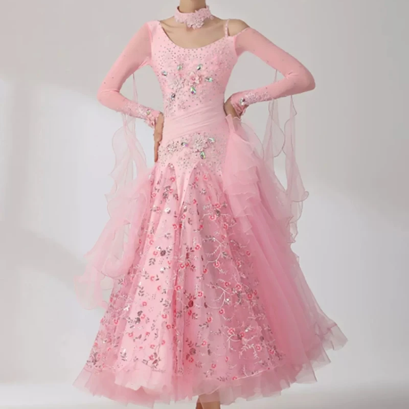 Lady\'s High Quality Standard Ballroom Dance Dresses Pink Elegant Ballroom Competition Dance Dress Women Waltz Dancing Skirt