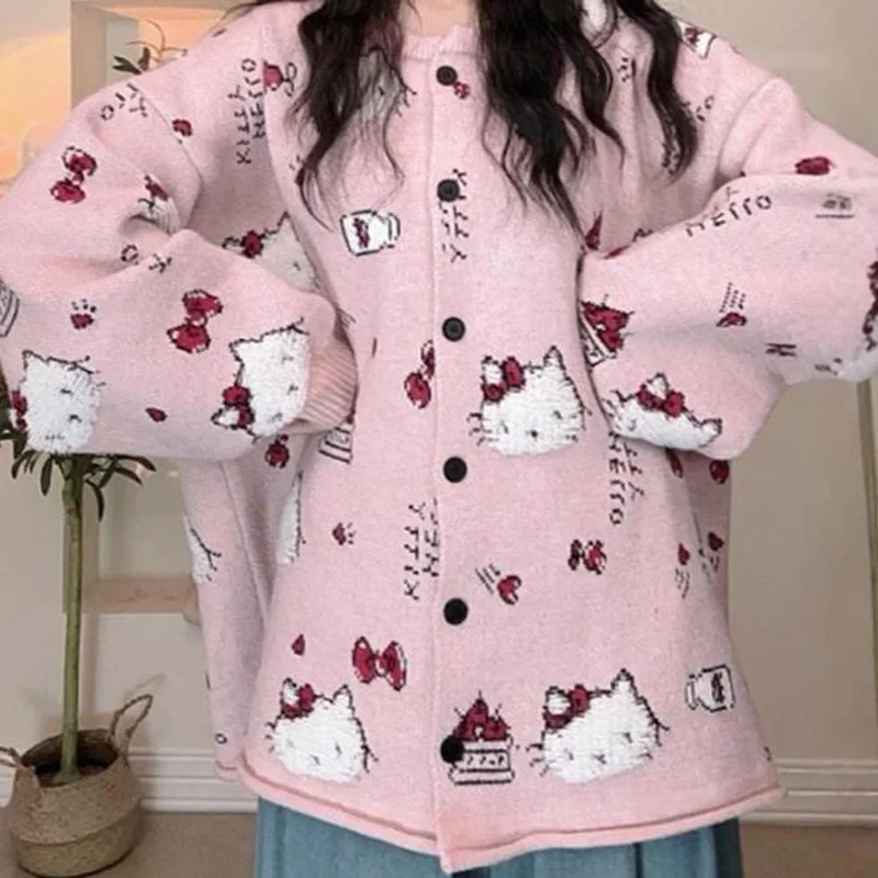 Hello Kitty Long Sleeved Cardigan Sweater Kawaii Cartoon Sweet Jacquard Knit Round Neck Casual Loose Versatile Jacket Women Y2k