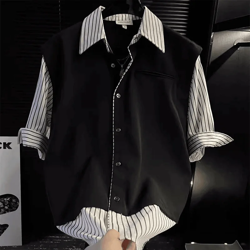 

2026 Fake Two-piece Striped Splicing Short-sleeved Shirt Men's Summer Trend High-end Temperament Casual Half-sleeved Shirt
