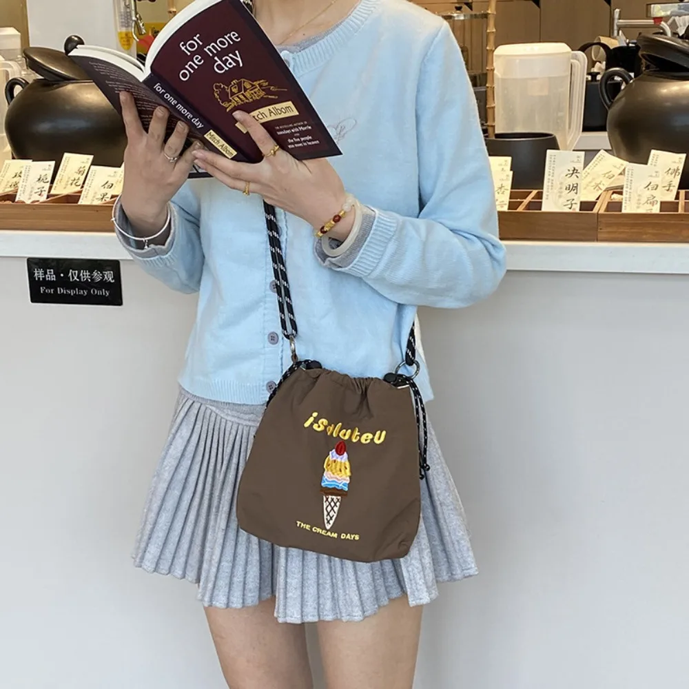 

Cartoon Nylon Shoulder Bag Multicolor Large Capacity Drawstring Crossbody Bag Embroidery Solid Color Mobile Phone Pack Travel
