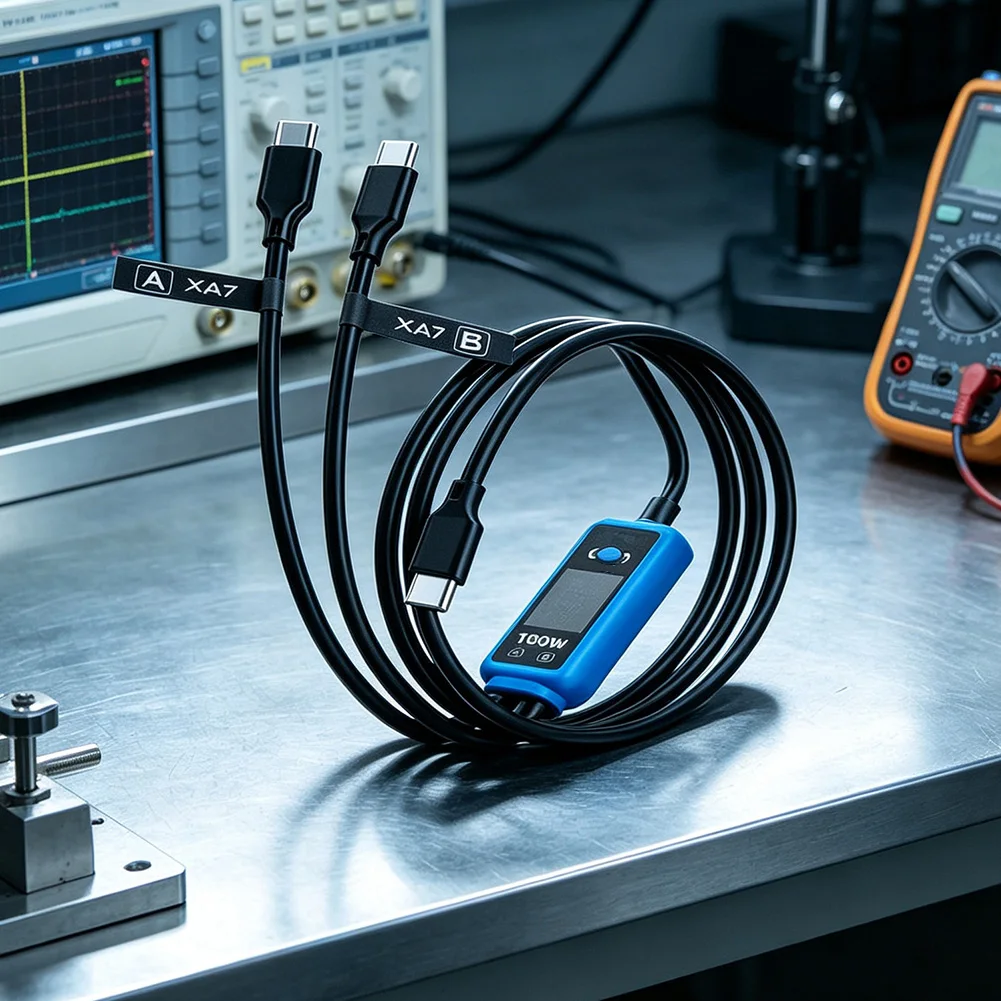 100W For USB-C Power Tester Cable with Flip-Out Display for Real-Time Charging Metrics and Wide Protocol Compatibility Testing