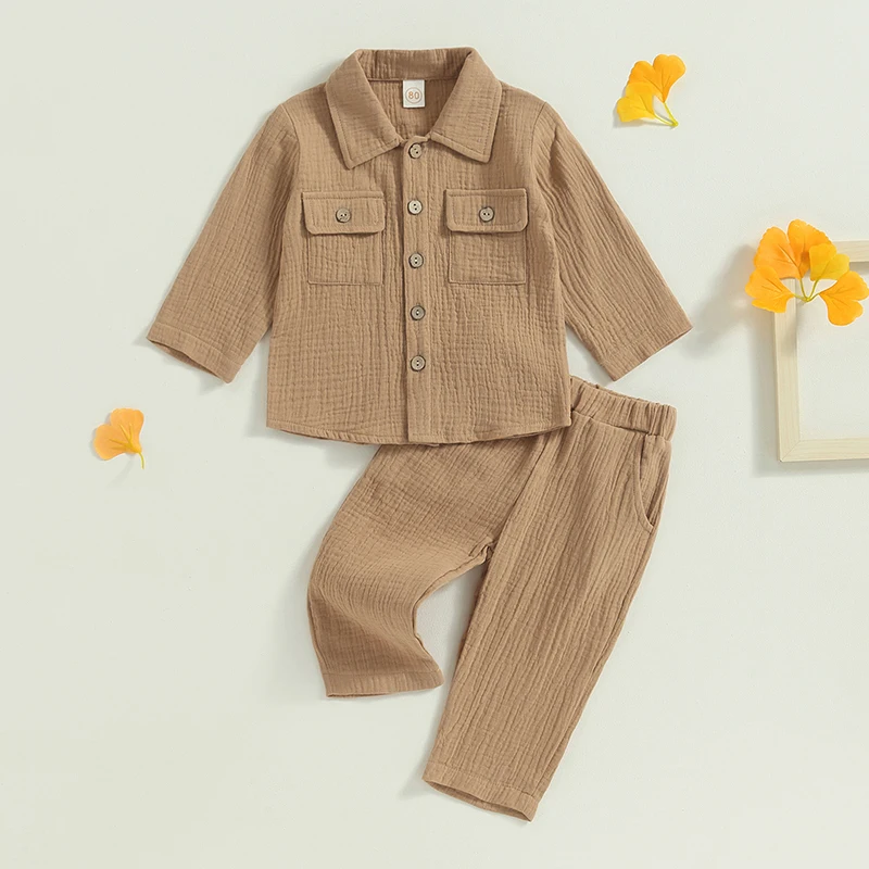 Toddler Boy Linen Outfit Baby Boy Fall Winter Clothes Set  Button-Down Shirt Tops Cotton Linen Pants 2PCS