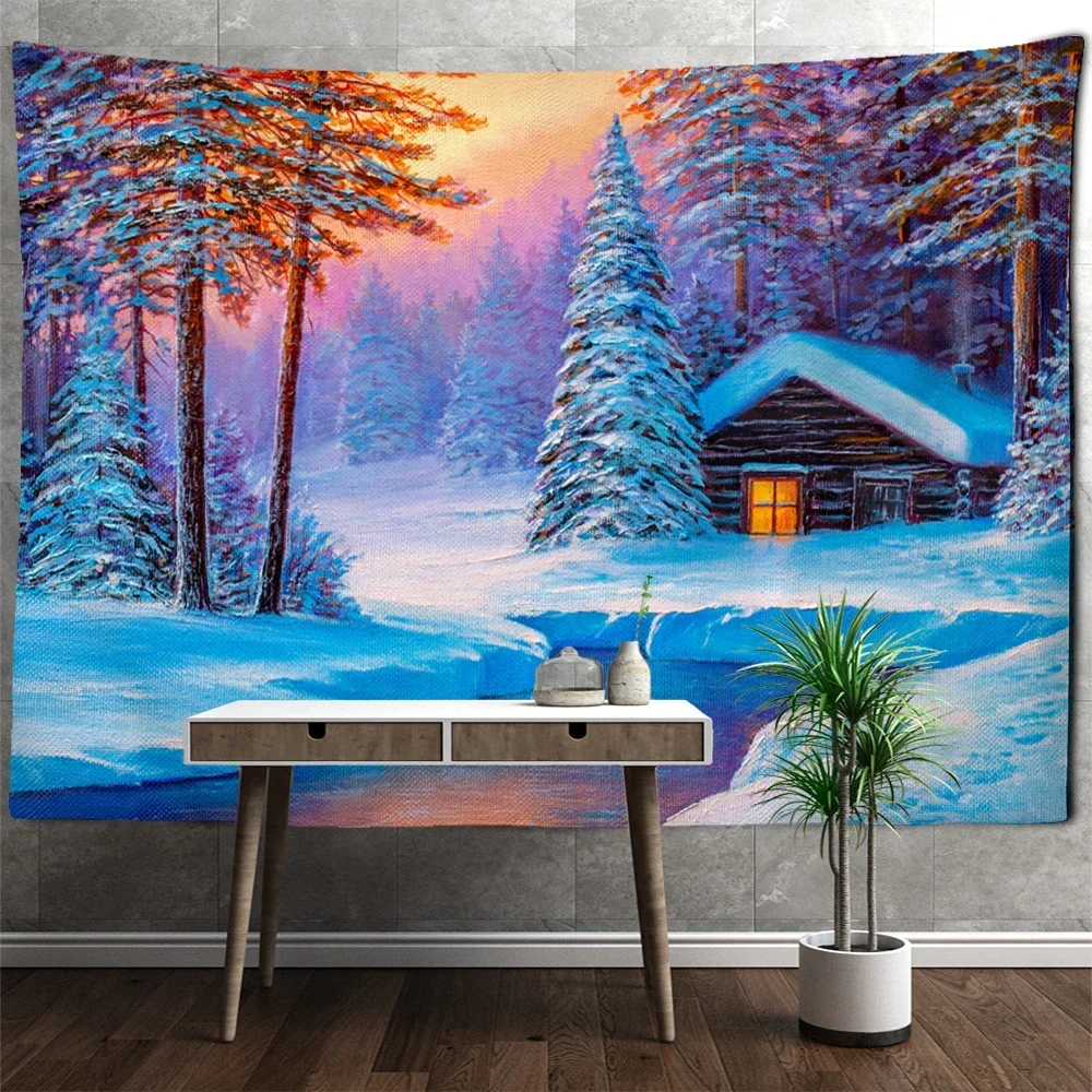 Christmas Tree Snow Scene Oil Painting Tapestry Wall Hanging Bohemian Style Hippie Psychedelic Witchcraft Room Home Decor