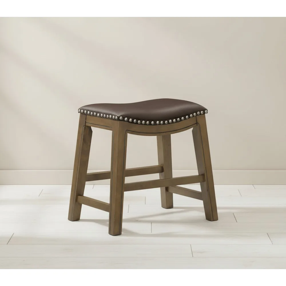 

20-дюймовый табурет-седло с обивкой из массива дерева, искусственная кожа, простая сборка, современный деревенский коричневый цвет для столовой и кухни