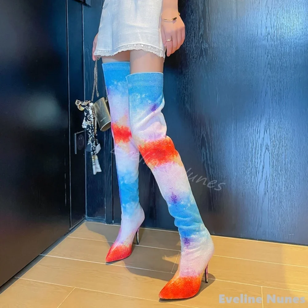 Colored Rhinestones Over The Knee Boots Women Pointed Toe Thin Heels Slip On Modern Boots 2024 New Party Catwalk Boot Large Size
