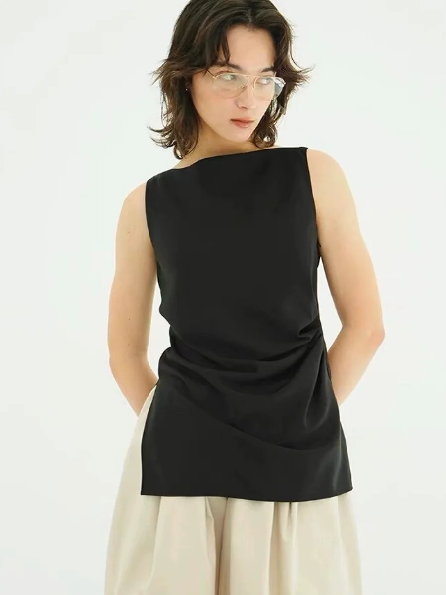 C1ane Satin Shine Sleeveless Halter Top Women's Loose Fit Polyester Fiber Breathable Regular Length Pure Color Summer Top