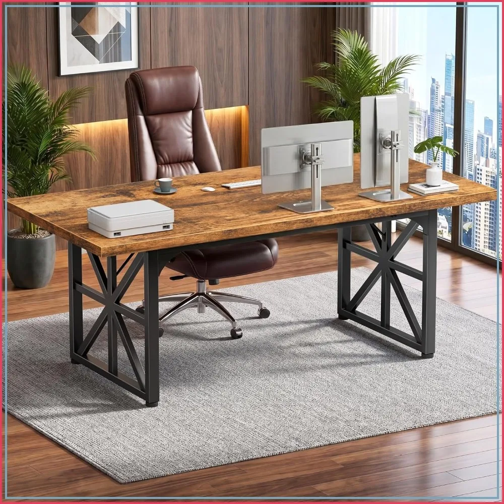 71 Inch Executive Desk, Large Office Computer Table for Home Work, Rustic Brown