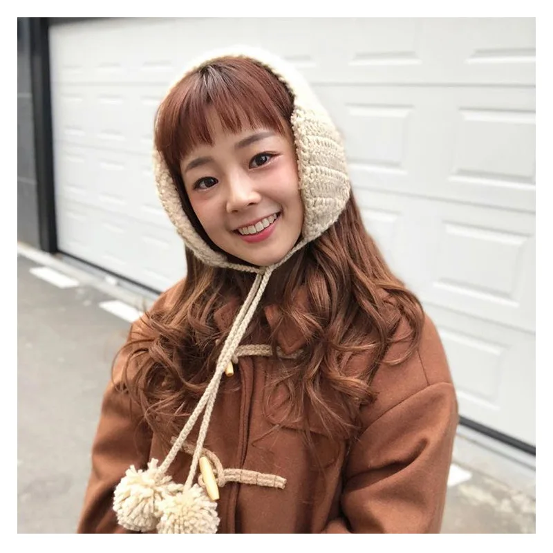 귀여운 니트 귀마개, 폼폼 태슬 장식 울 귀마개, 가을 겨울 귀 보호용
