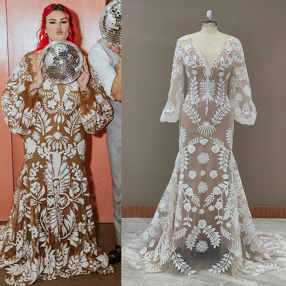 Robe de Mariée en Dentelle Florale à Manches sulfBouffantes, Style Boho, Surpoids, Grande Taille, Deux Pièces, Sur Mesure, Col en V, Sirène, Hiphélicoptère, pour Patients