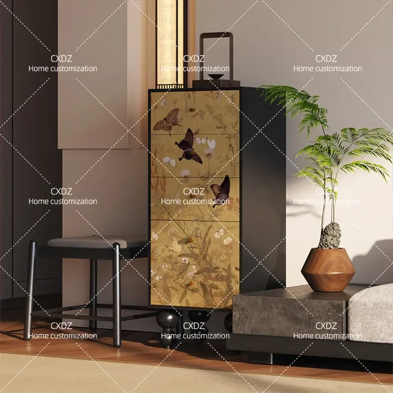 Song Style Aesthetics Classical Flowers Butterflies Solid Wood Chest of Drawers Entrance Storage Living Room Corner Household
