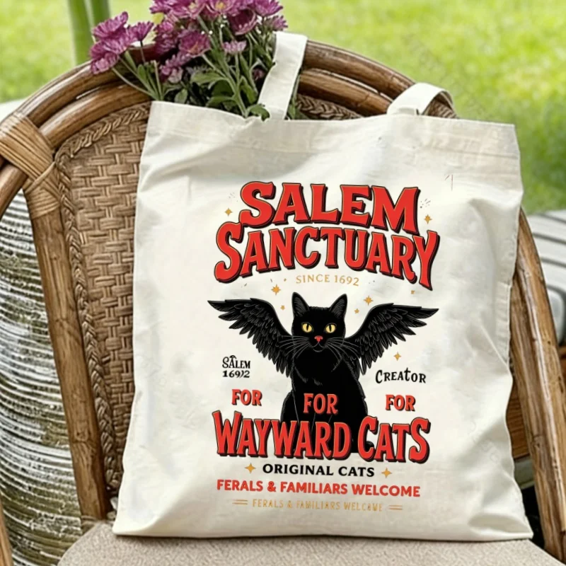 

1 шт. Двусторонняя холщовая сумка-шоппер с черной кошкой в стиле Хэллоуин и Салемского храма, многоразовая сумка через плечо с ретро-изображением ведьминой кошки