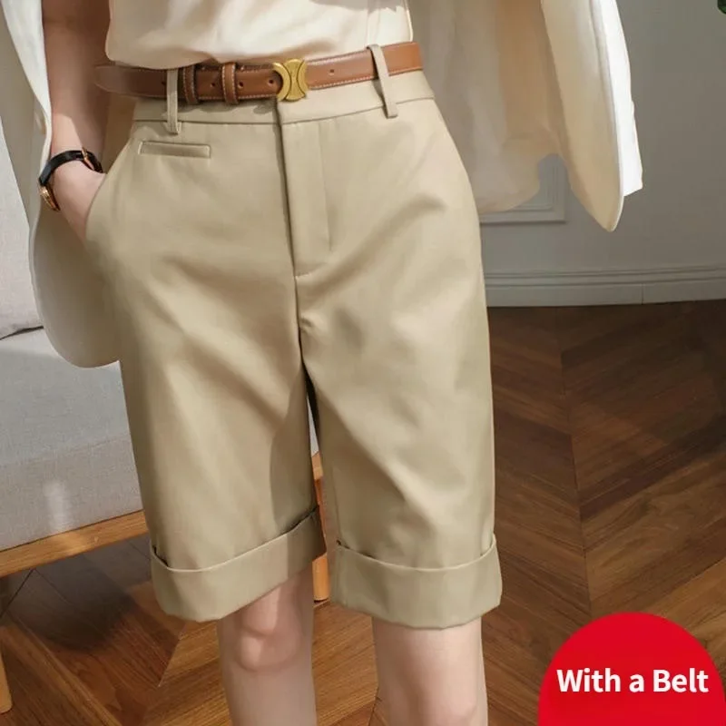 Women's summer shorts high waist knee length straight pants with belt office khaki white black casual short pants women fashion