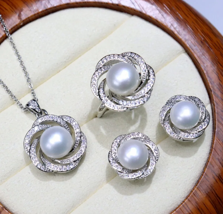 

18KGP Natural 8-9mm White Pearl Flower Pendant Necklace +Earring +Ring Set J0