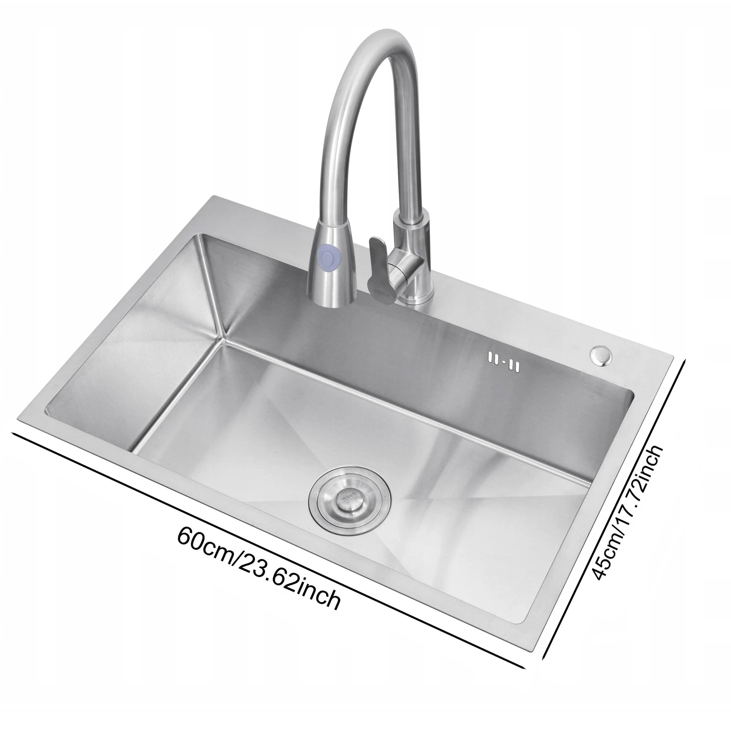 Keuken spoelbak van geborsteld roestvrij staal voor het wassen van groenten, enkelvoudige bak met afvoer en koud-warm watermengkraan.