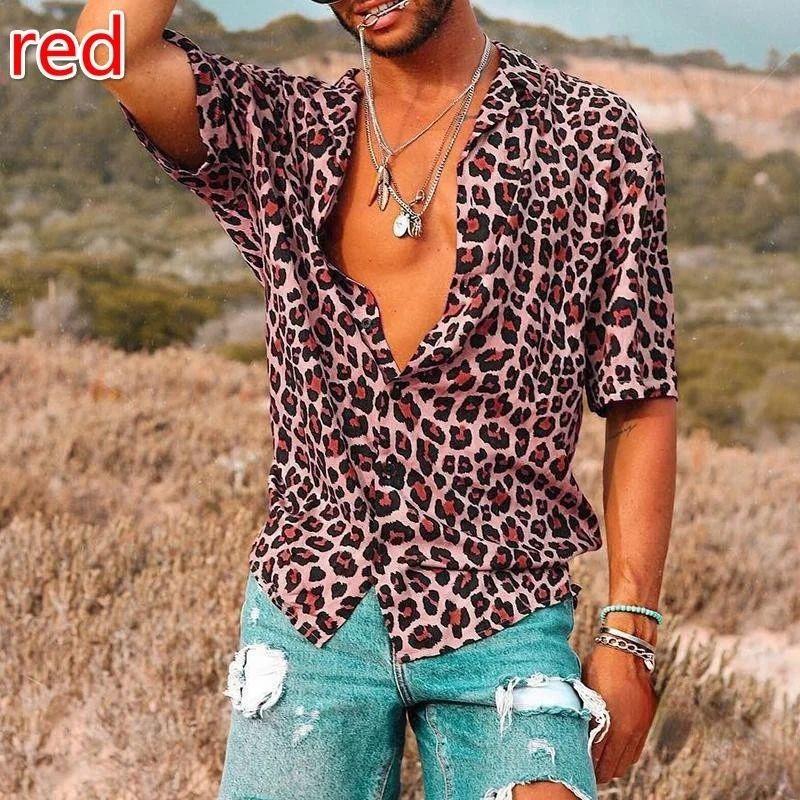 New Leopard Print Men\'s Shirt Business Work Luxury Brand Short Sleeve Top