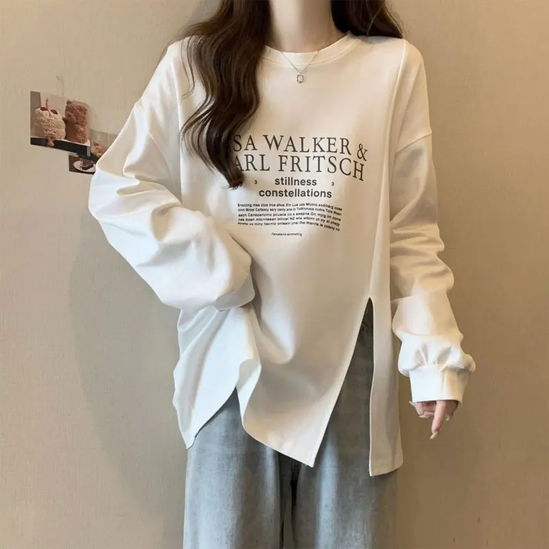 Female Clothing Letter Printed Sweatshirts Loose Spring Autumn Fashion Split Asymmetrical Casual Korean Long Sleeve Pullovers