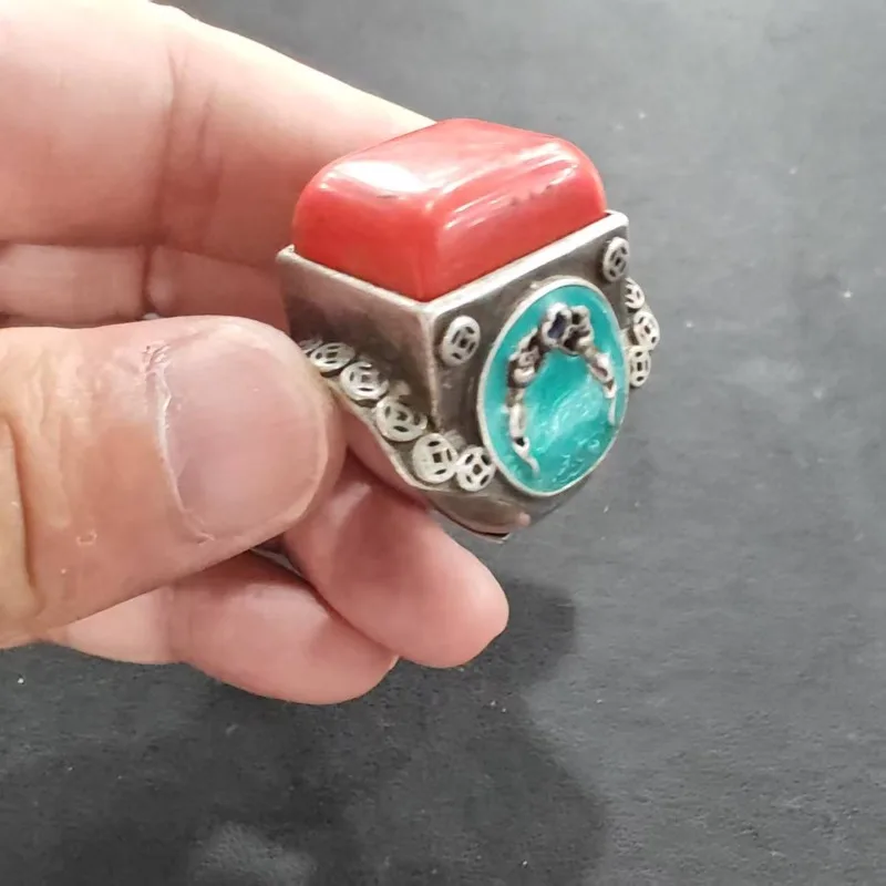 Antiker Ethnischer Emaille-Drachenring Unisex Rechteckiger Roter Stein Vintage Breiter Ring Münzmuster Unisex Statement-Fingerschmuck – Detail 1