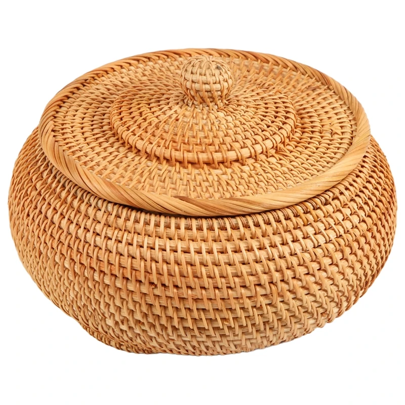 ABSF Storage Basket Hand-Woven Rattan Woven With Cover Round Primary Color Chinese Jewelry Snacks Tea Set Storage Box