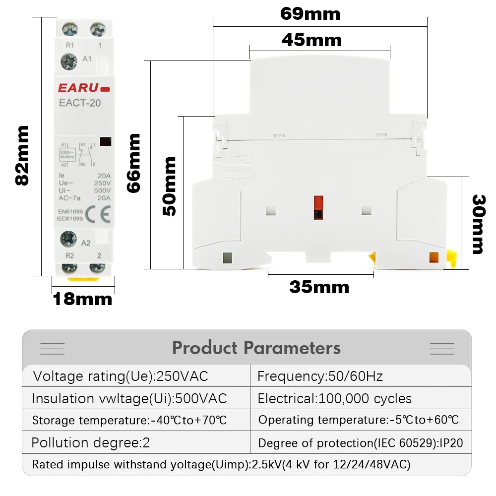 2P 16A 20A 25A 1NO1NC 2NO 2NC AC 220V 230V 50/60Hz Din Rail Mounted Household Modular AC Contactor for Smart Home House Hotel