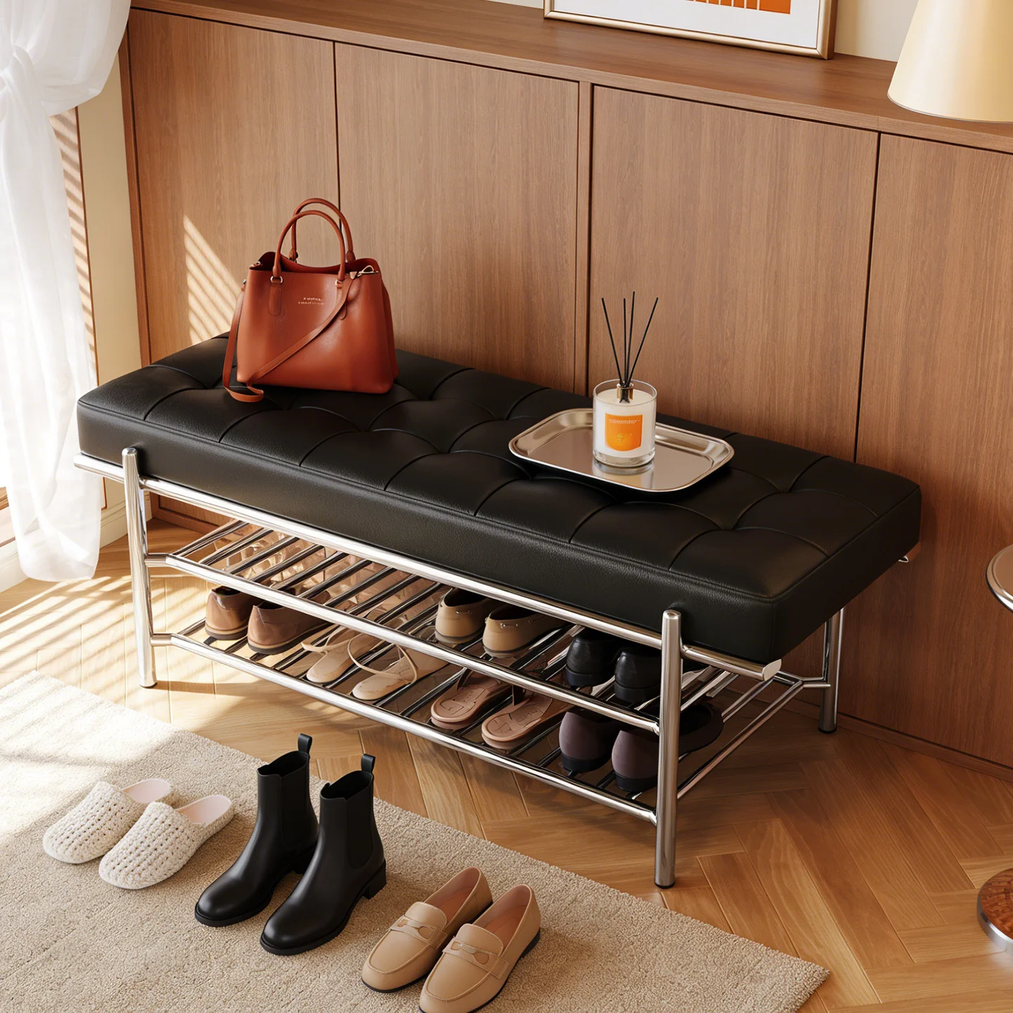 European leather stainless steel shoe changing stool, high-end feeling entrance, simple double-layer shoe rack, long stool
