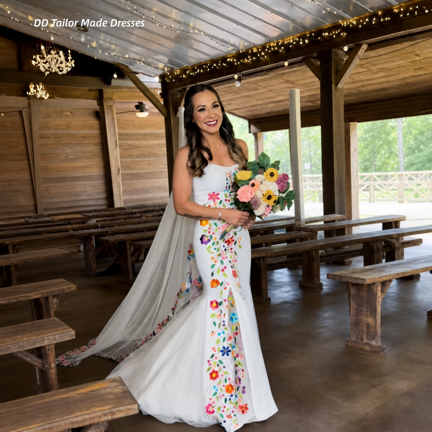 Strapless Mermaid Embroidery Wedding Dress Colorful Floral Front Slit Long Train Satin Mexican Country Bridal Gown Customized