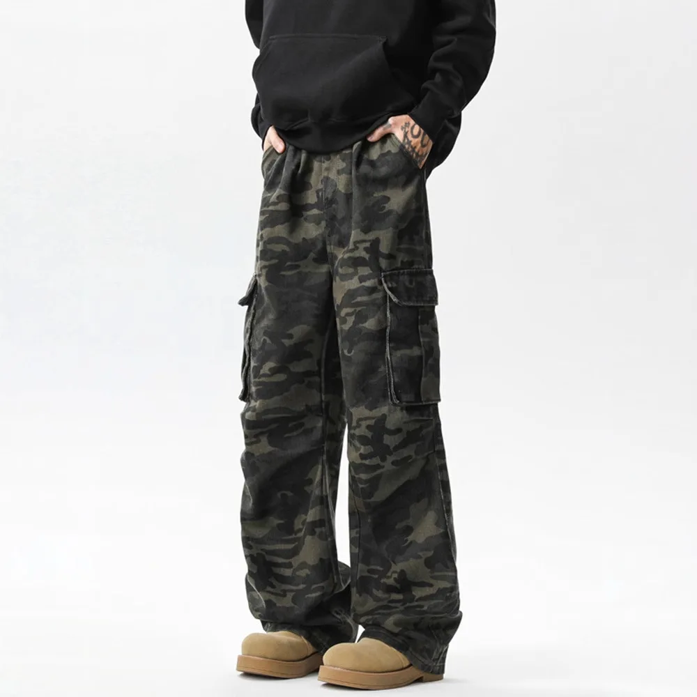 

2025 Spring Autumn American Style Men's Camouflage Casual Trendy Simple Basic Loose Wide Leg Cargo Trousers Male Pants Clothes
