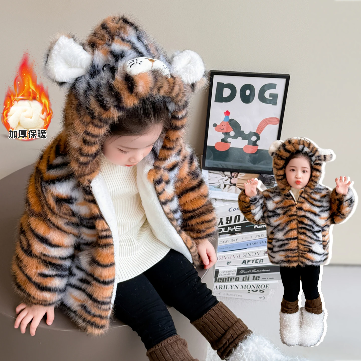 

25AW Plush Baby Cute Jacket Tiger Print Christmas Princess Girl Coat Autumn Winter Warm Hooded Outerwear Kids Fleece Warm Jacket