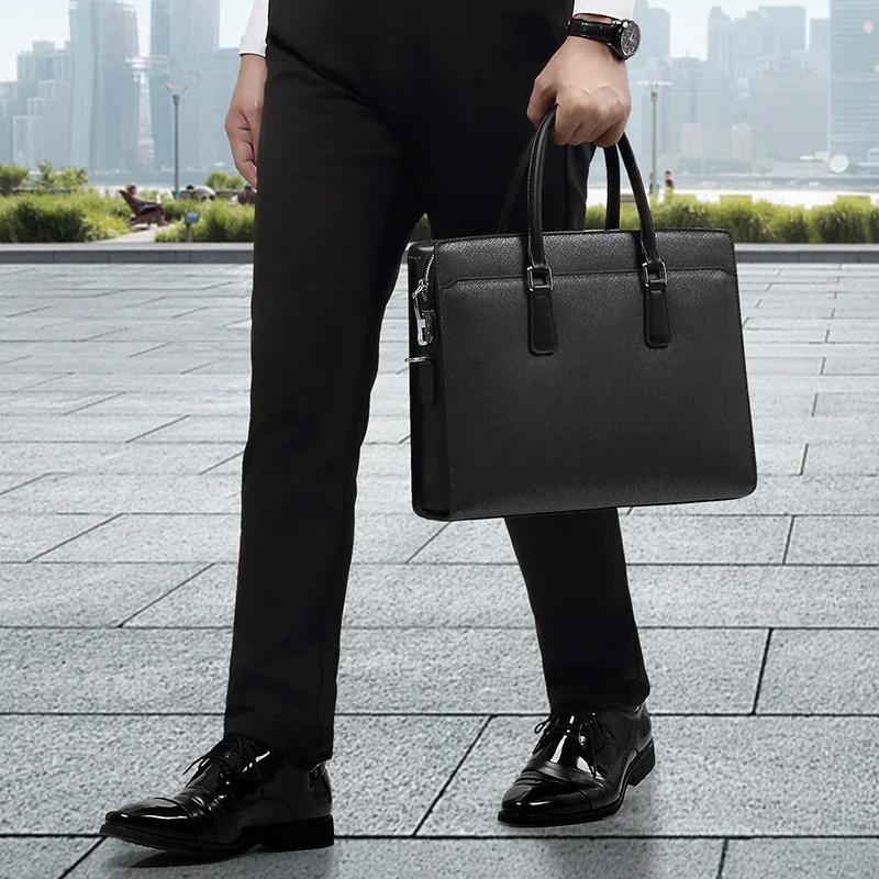 Men's genuine leather combination lock high-end handbag, large capacity 14-inch computer storage single-shoulder bag
