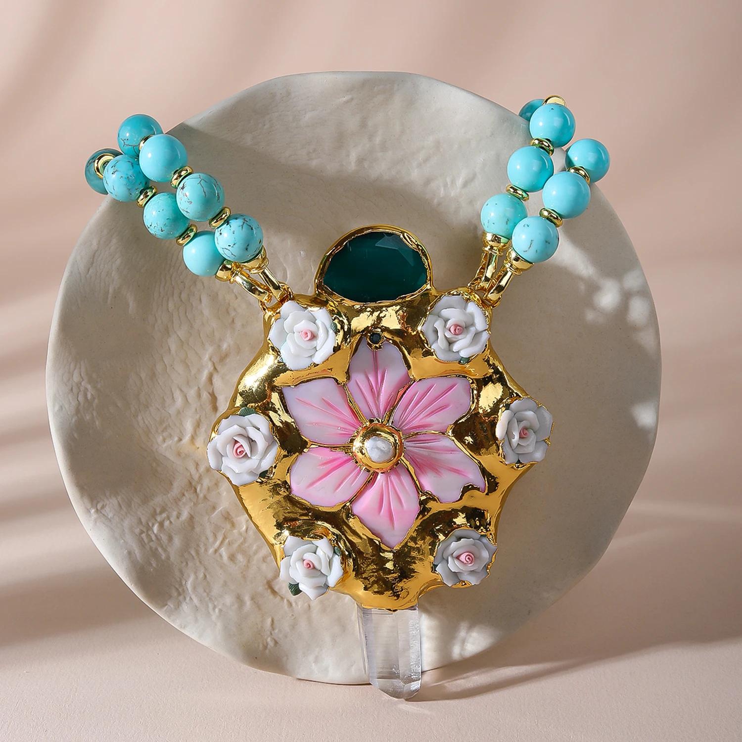 Luxury Pink Shell Pendant Necklace with Turquoise Gemstone Beads 24K Gold Plated Women's Wedding Party Gift