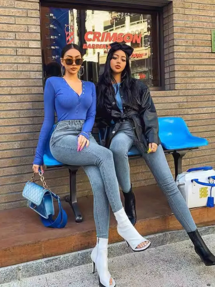 Sexy Jeans Women Denim Skinny Pants High Waist Stretch Lady Jeans Slim Pockets Button Pencil Jeans Women Casual Pants Streetwear