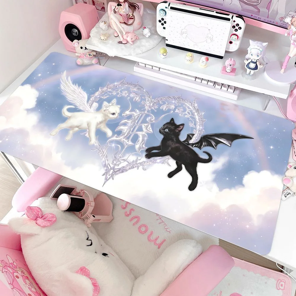 Cute Ins Cute Angel Kitten Y2K Rubber Mouse Pad PU Gaming Office Computer Pad Anti Slip and Dirt Resistant Desk Pad