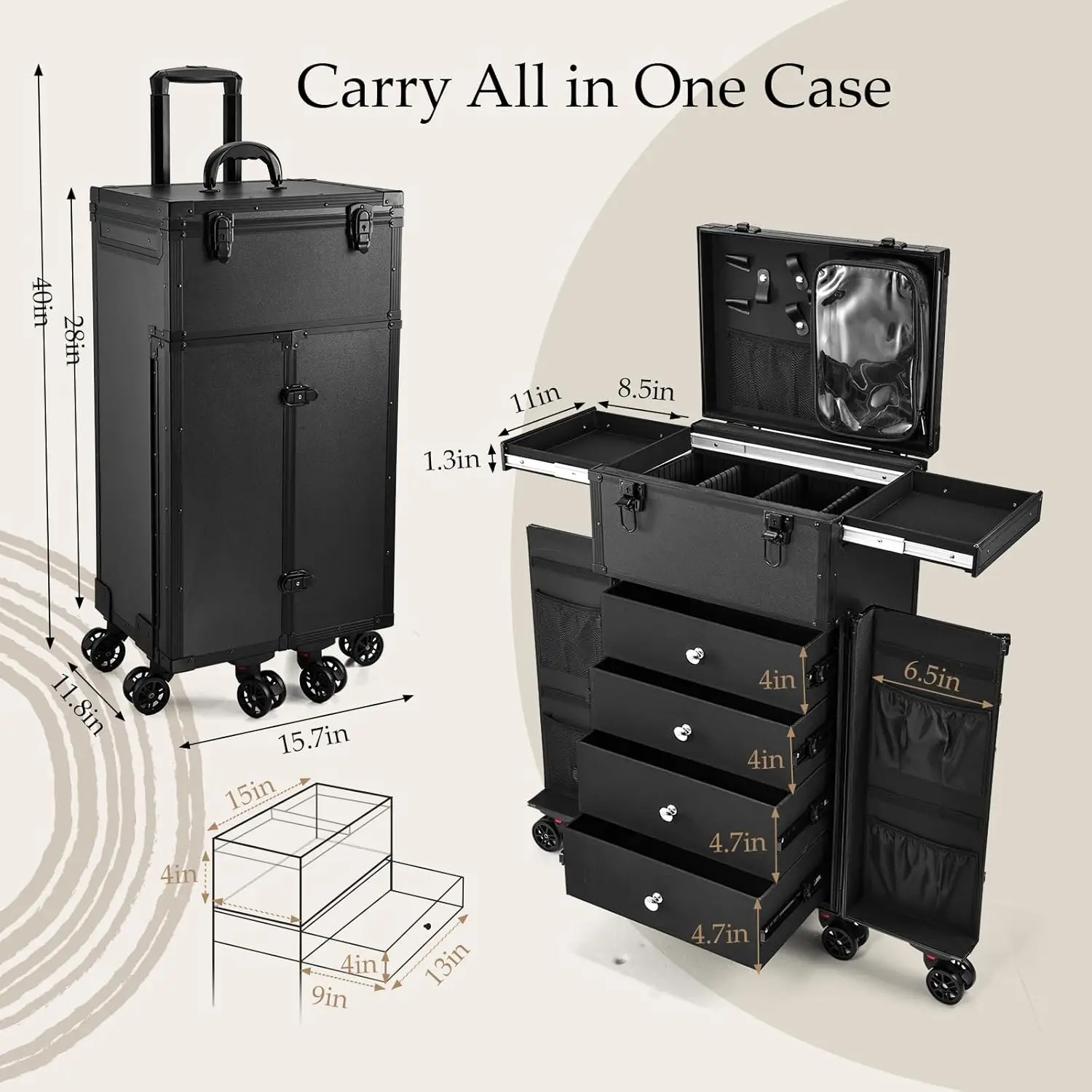 Professional Rolling Makeup Case 4 Drawers Pro Makeup Artist Cosmetic Train Case Hairstylist Travel Case Portable