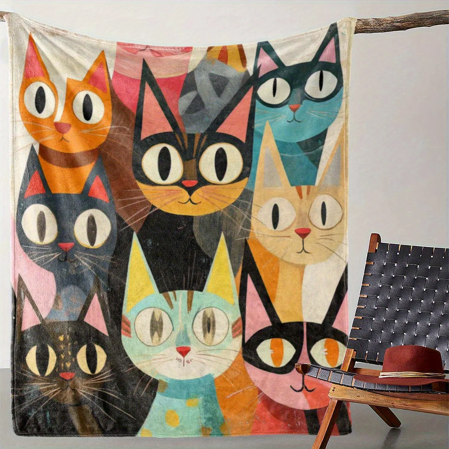Vintage Style Surprise Cat Print Throw Blanket for Sofa, Bed, Car, Office, Camping, Travel Machine Washable, Mixed Colors