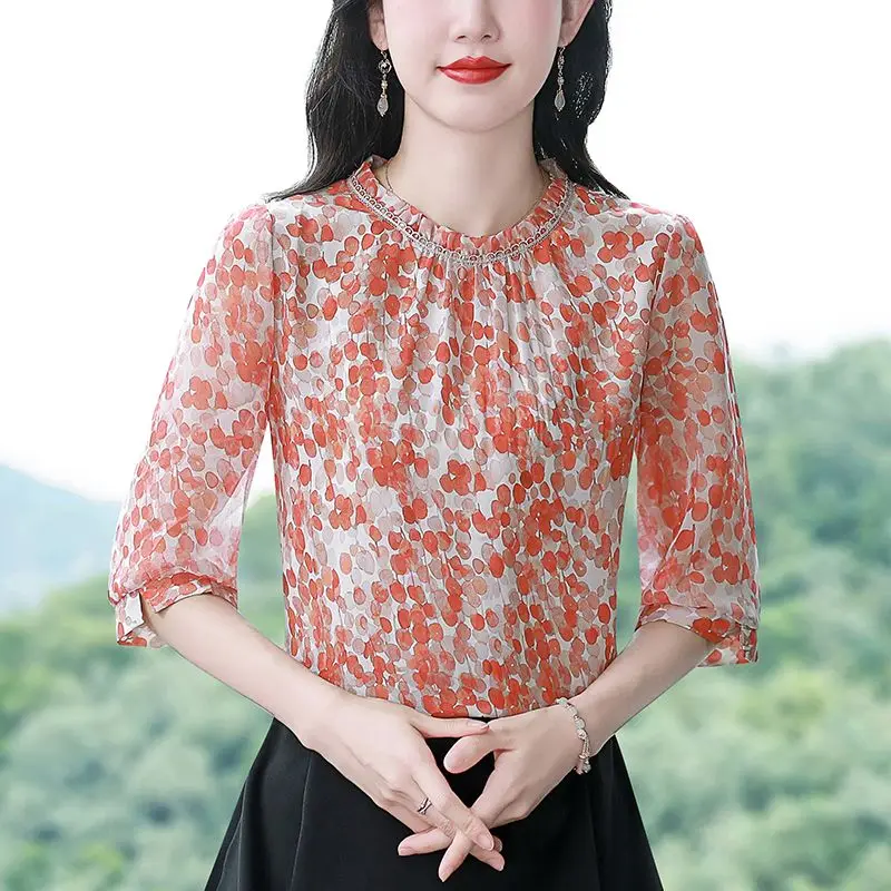 เสื้อชีฟองลายดอกไม้ฤดูร้อนของผู้หญิงแฟชั่นใหม่หรูหราแม่สไตล์แขน 3/4 ด้านบน