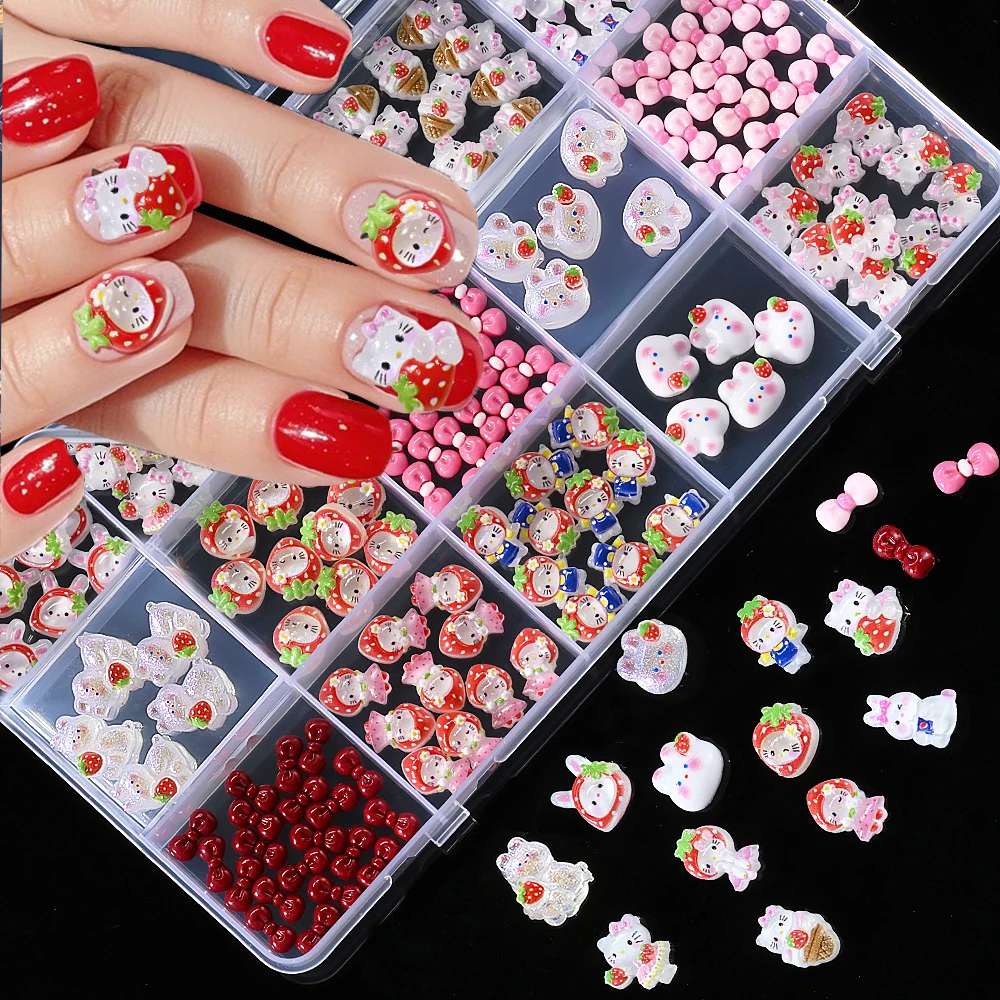 

15 Grids Kawaii Pink Strawberry Hat Ktiiy Nail Charms Cute Cartoon Bow Aurora Sparkling Bunny Nail Gems DIY Cute Manicure Parts