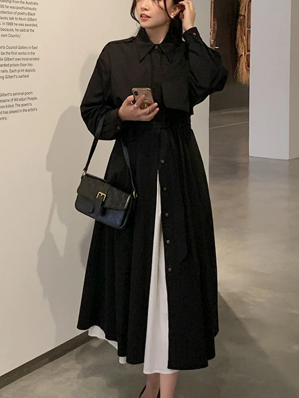 

Ele Single-Button Long Coat Women's Korean Sle Slimming Outerwear Commute Lantern Sve Regular Thin Pure Color