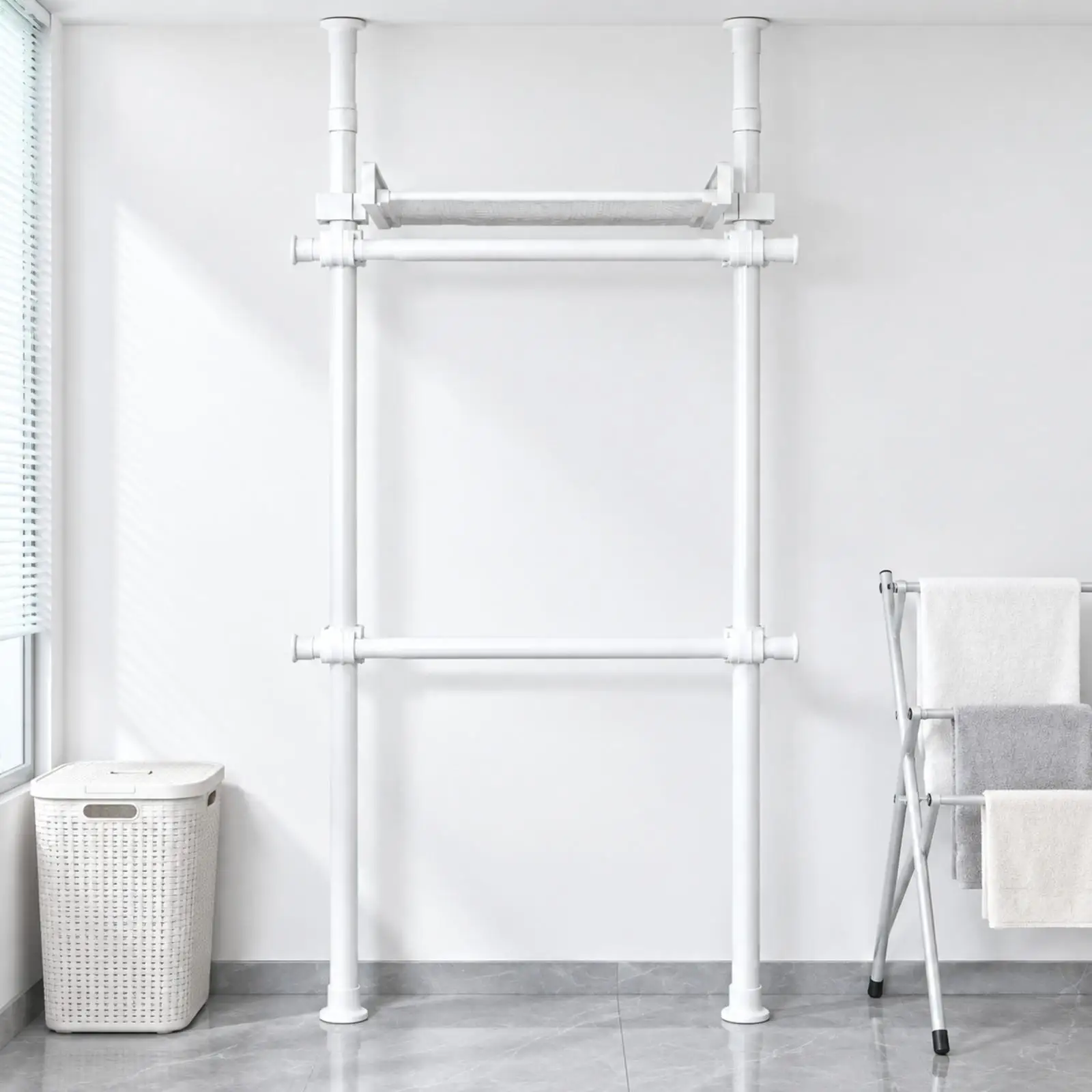 Freestanding Storage Rack with Storage Tray Screwless Floor to Ceiling Clothes Rack Tension Mount for Bedroom, Dressing Room,