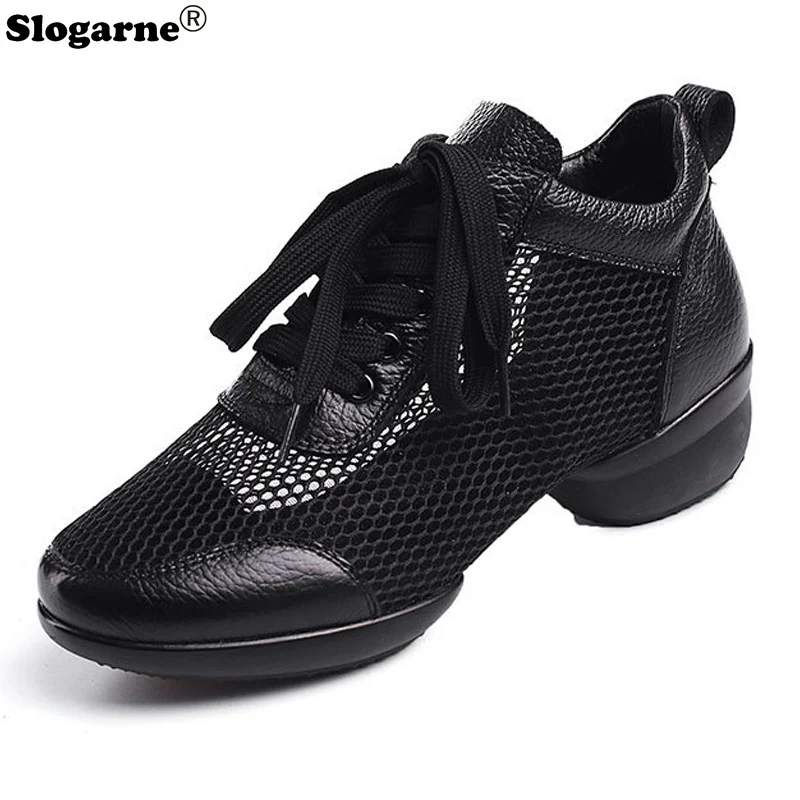 Ladies Cow Leather Mesh Dance Shoes Women New Cow Leather Modern Jazz Waltz Tango Latin Shoes Ballroom Dancing Girls Stage Wear