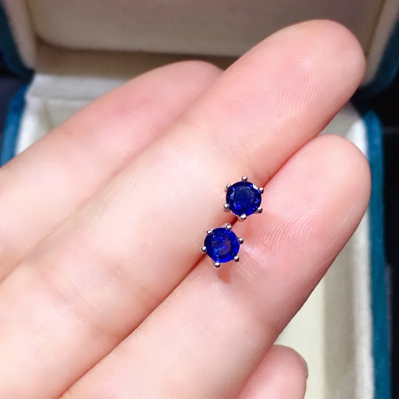 4x4MM Natural Blue Sapphire Earrings 925 Silver Stud Earring for Women 925 Sterling Silver Prevent  Fine Jewelry