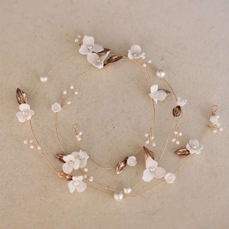 Ceramic Flower Long Bridal Hair Vine Women Headband Pearls Jewelry Gold Color Wedding Prom Accessories