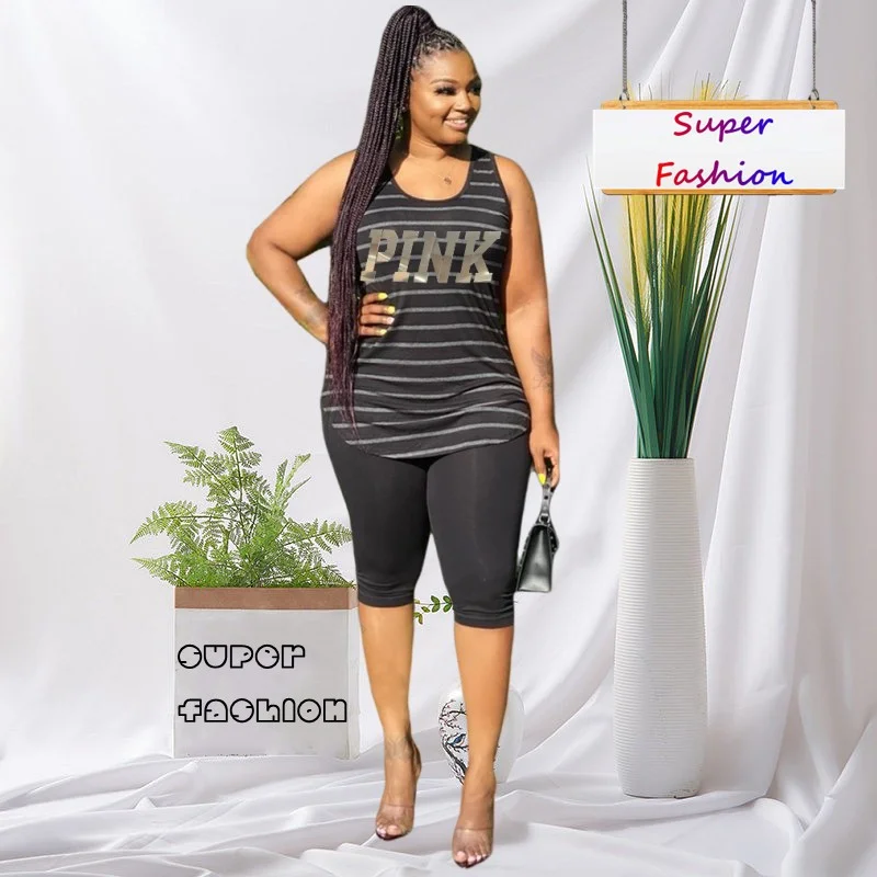 WSFEC XL-5XL Plus Size Two Piece Sets Women Clothing Summer 2023 Sleeveless Stripe Full Figured Casual Matching Sets Outfits