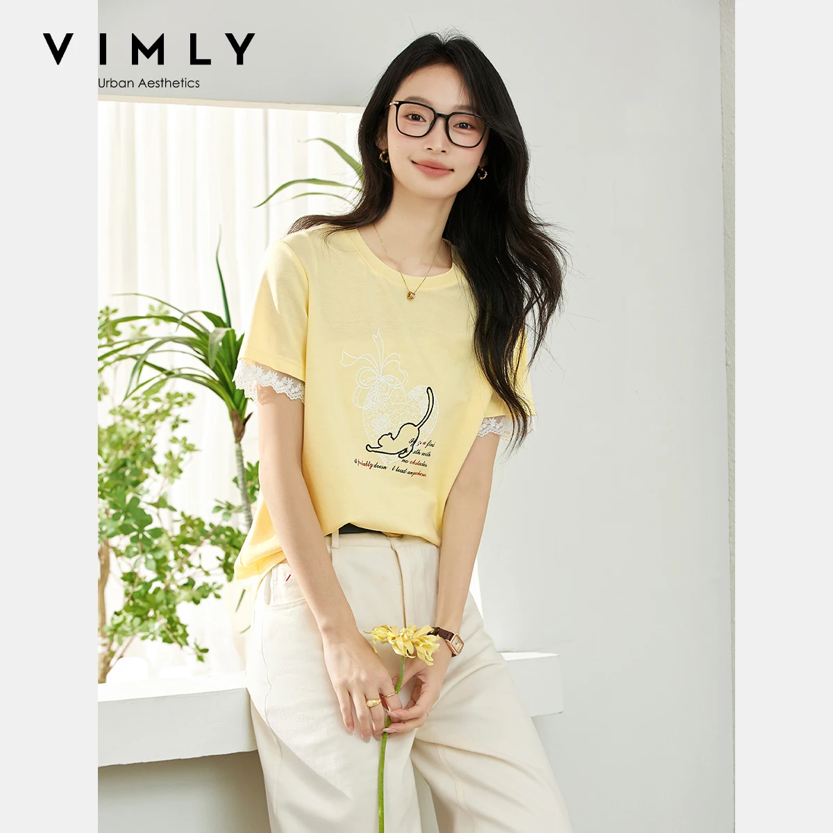 

VIMLY Women's Short Sleeve Tee Female 2025 Summer Casual Lace Drop Cuffs Cat Embroidery Pattern Knitted Woman T-Shirts A1809