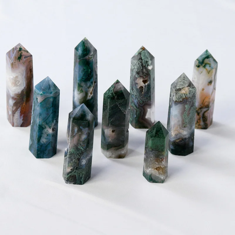 1PC Natural Moss Agate Crystal Tower Energy Generator Healing Stone Halloween Home Decor Gemstone Gift