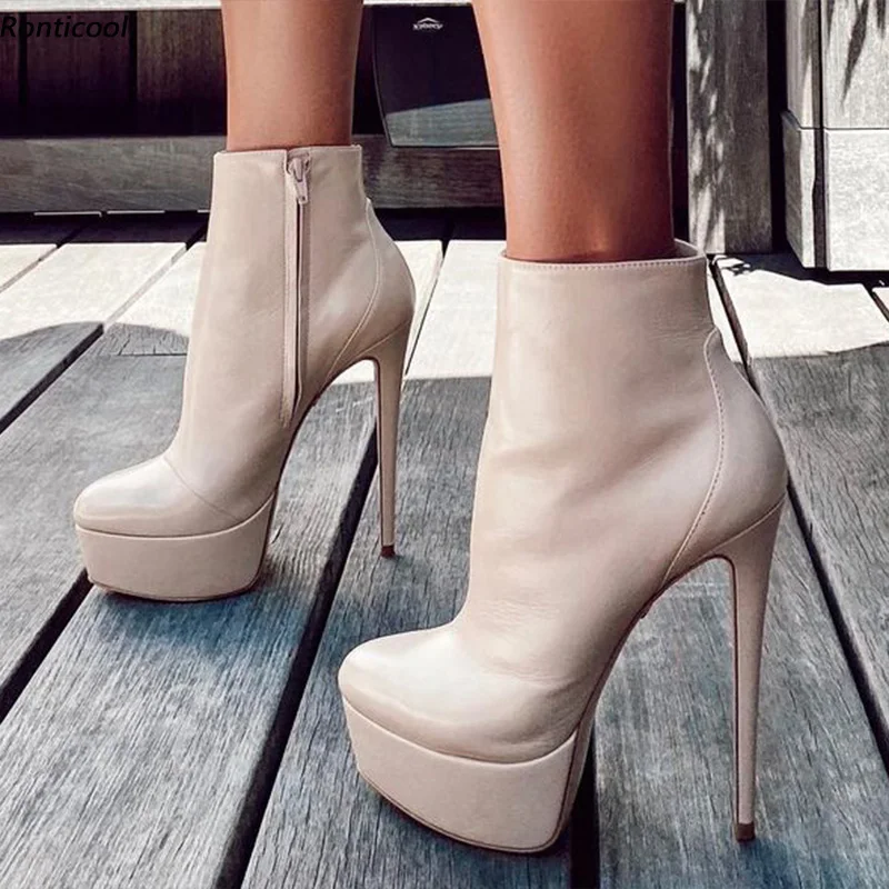 

Ronticool Handmade Women Winter Platform Ankle Boots Side Zipper Stiletto Heel Round Toe Beige Party Shoes Plus US Size 5-20