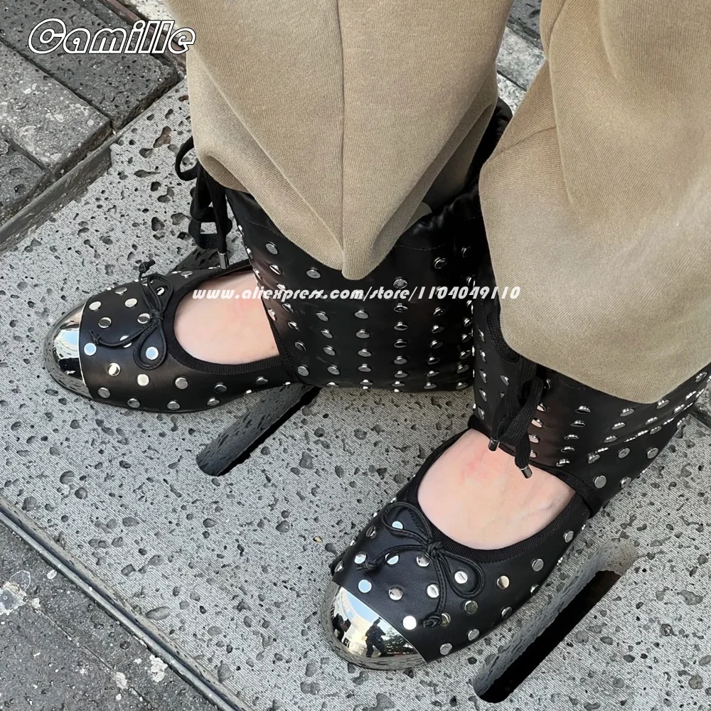 

Metal Toe Bow Knot Ballet Style Hollow Shallow Mid Calf Boots Round Toe Front Lace Up Grace Lady Boots Metal Rivet Sexy Flat Sho