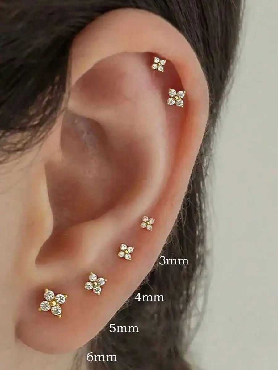 4pcs Delicate Small CZ Flower Stud Earrings Set, Stackable 14K Gold Plated