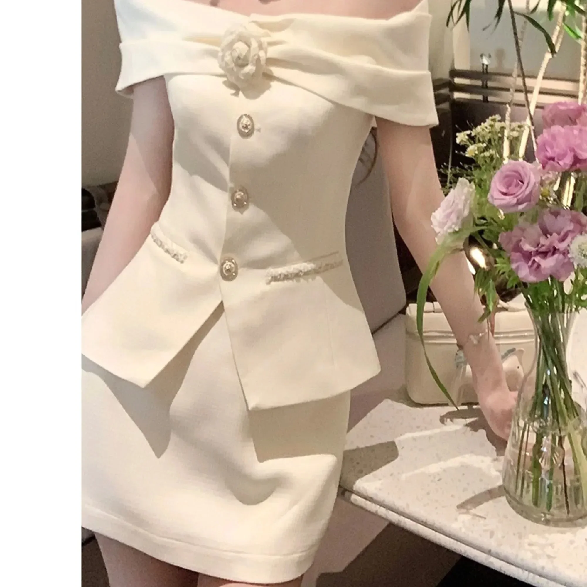 Temperament Sweet Embroid Sling Top Pantskirt Two-piece Set Women Shirring Single Breasted Sleeveless Collarbone Celebrity Suit