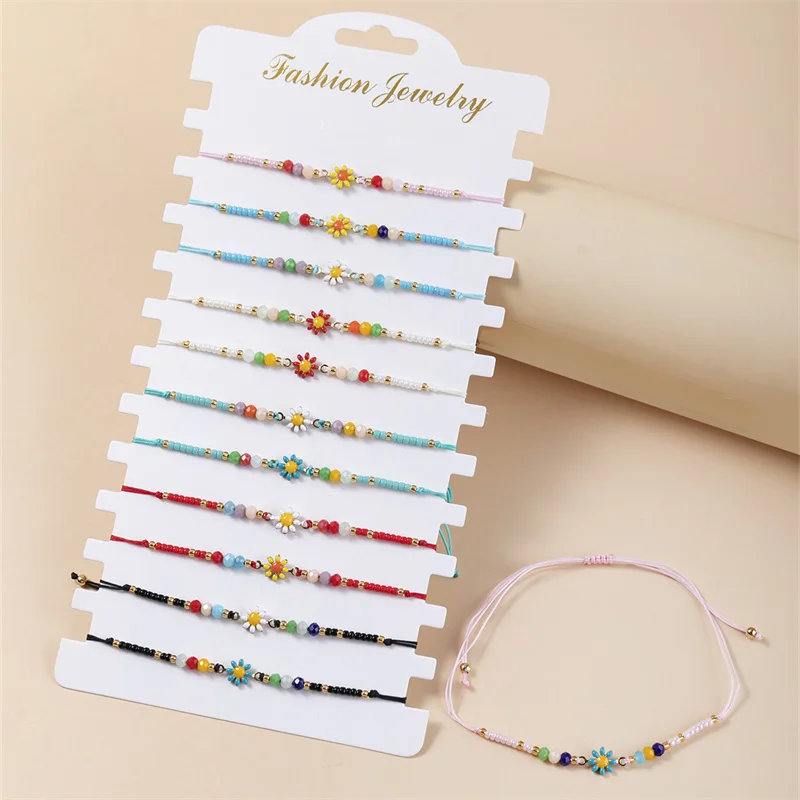 12pcs/lot Women Sun Flowers Bead Charms Bracelet Set Bohemia Braided Rope Chain Adjustable Handmade Bracelet Anklet Jewelry Gift