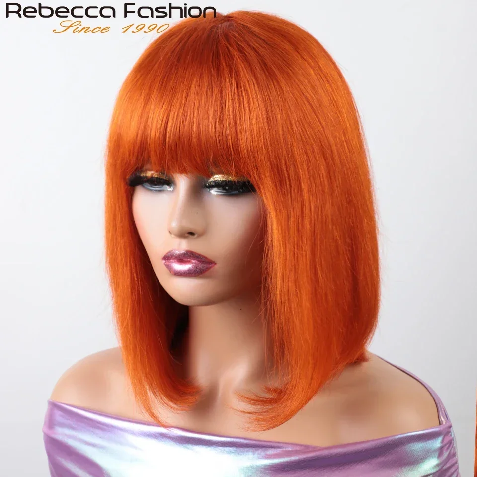 Orange Blonde Short Cut Straight Bob Wigs Rebecca With Bangs Red 99J Human Hair Brazilian Straight Machine Made Human Hair Wigs